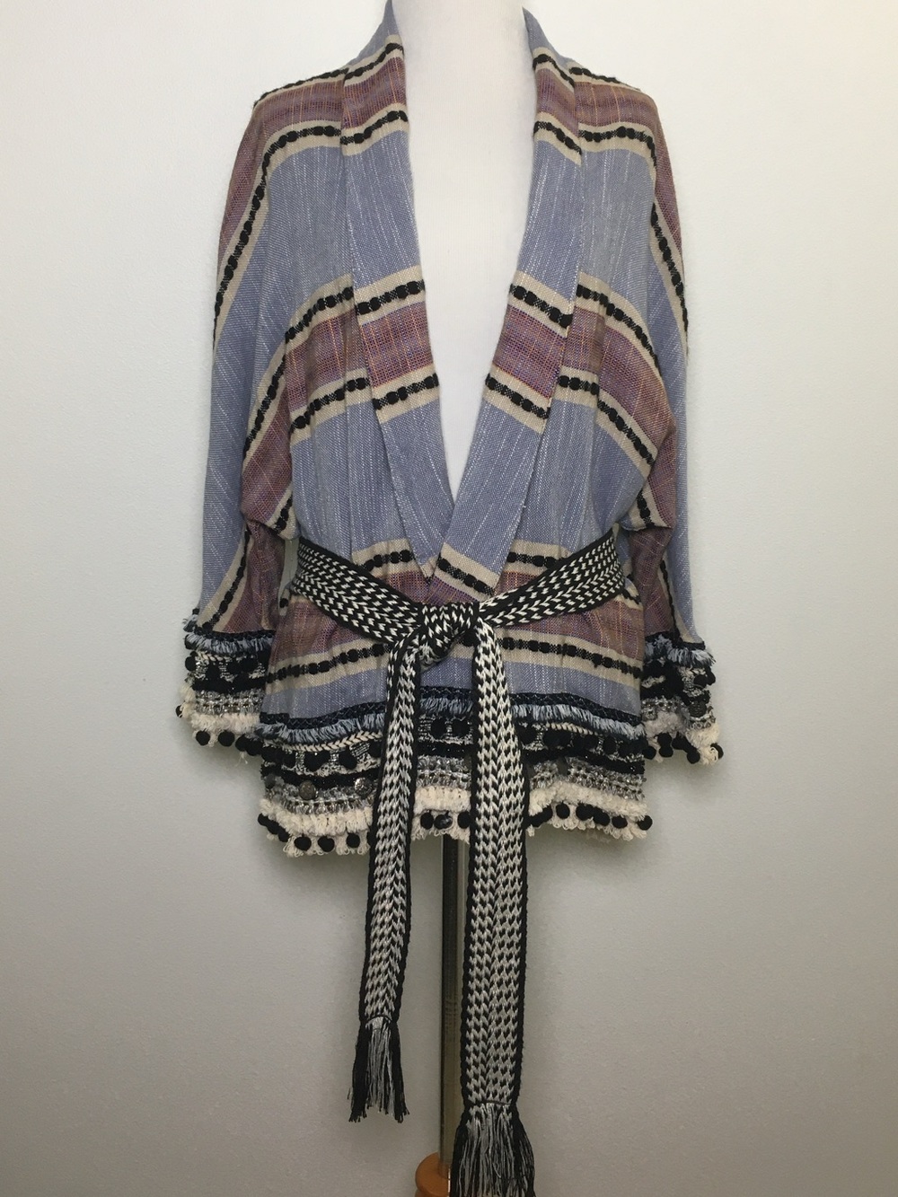 Zara | Striped Open-Front Pom-Pom Belted Cardigan